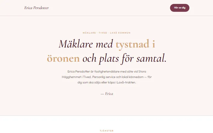 Skärmdump av Erica Persdotters hemsida