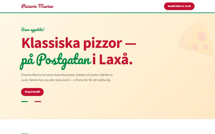 Skärmdump av Pizzeria Marinas hemsida