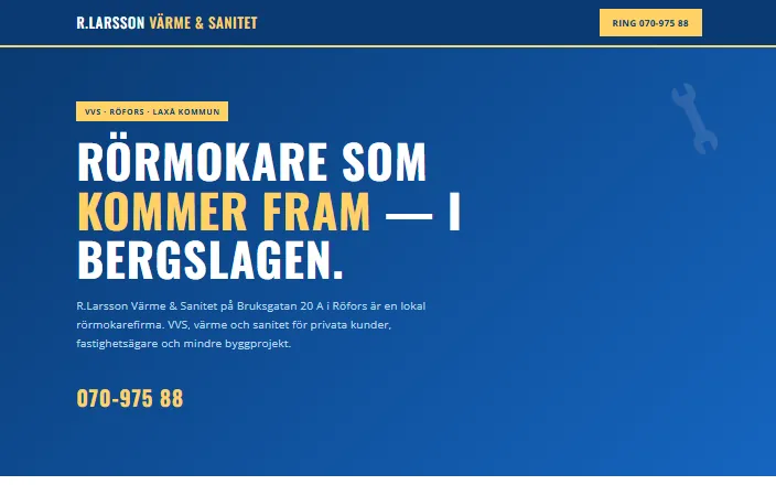 Skärmdump av R.Larsson Värme & Sanitets hemsida