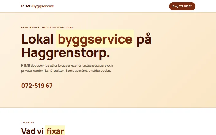 Skärmdump av RTMB Byggservices hemsida