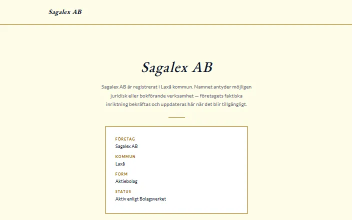 Skärmdump av Sagalex ABs hemsida