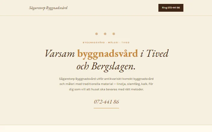 Skärmdump av Sågaretorp Byggnadsvårds hemsida
