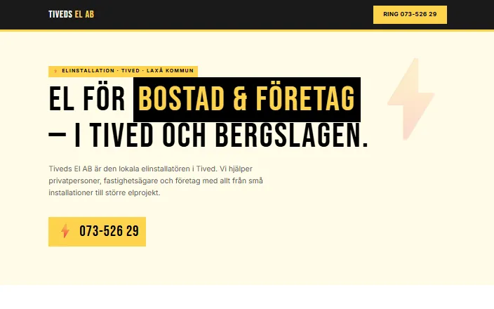 Skärmdump av Tiveds El ABs hemsida
