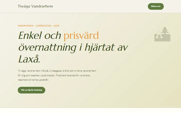 Skärmdump av Tiwäga Vandrarhems hemsida