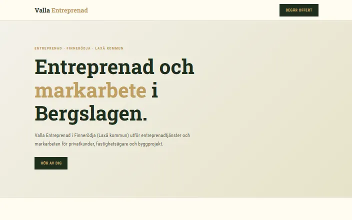 Skärmdump av Valla Entreprenads hemsida