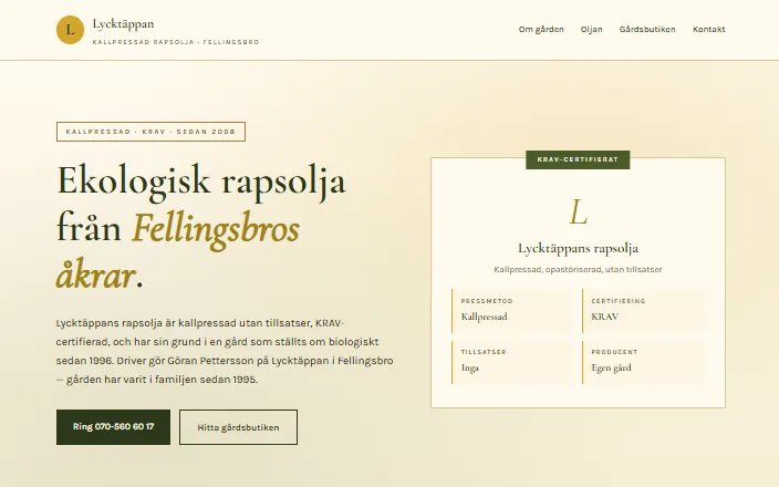 Skärmdump av Lycktäppans Rapsolja & Gårdsbutiks hemsida