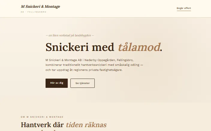 Skärmdump av M Snickeri & Montage ABs hemsida
