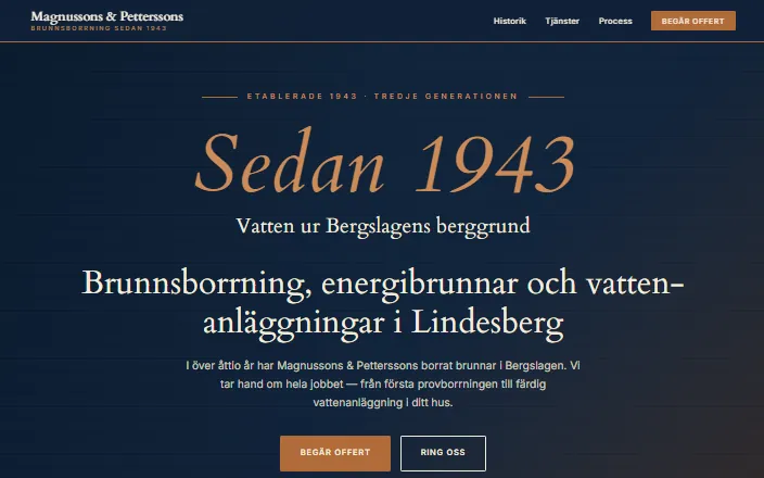 Skärmdump av Magnussons & Petterssons Brunnsborrnings hemsida