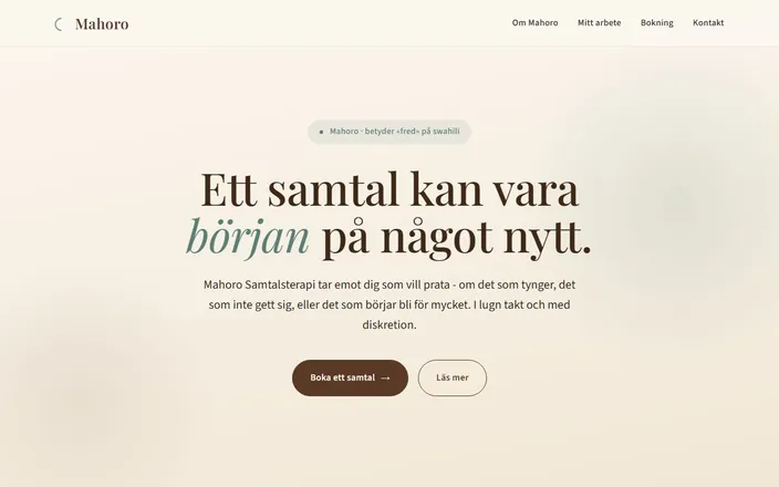 Skärmdump av Mahoro Samtalsterapis hemsida