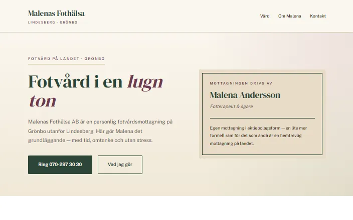 Skärmdump av Malenas Fothälsa ABs hemsida