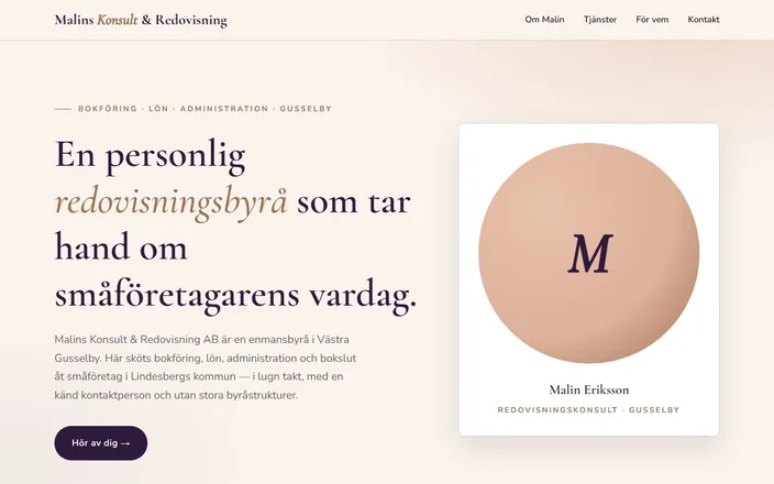 Skärmdump av Malins Konsult & Redovisning ABs hemsida