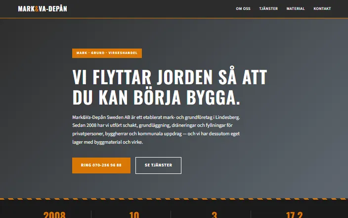 Skärmdump av Mark&Va-Depån Sweden ABs hemsida