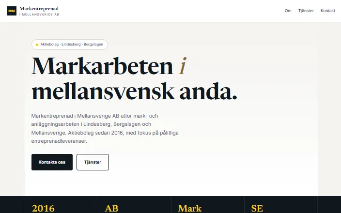 Skärmdump av Markentreprenad i Mellansverige ABs hemsida