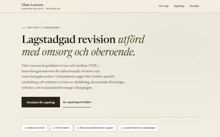 Skärmdump av Mats Larsson, Godkänd Revisors hemsida
