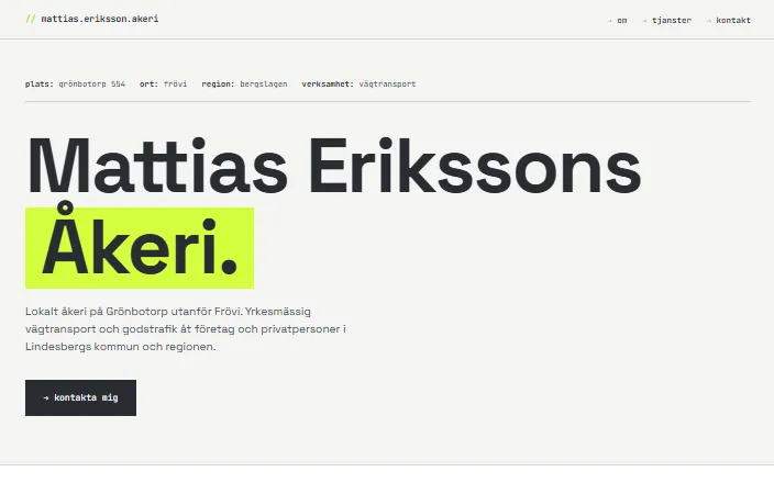 Skärmdump av Mattias Erikssons Åkeris hemsida