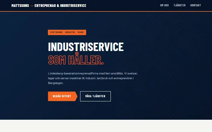 Skärmdump av Mattssons Entreprenad & Industriservice ABs hemsida