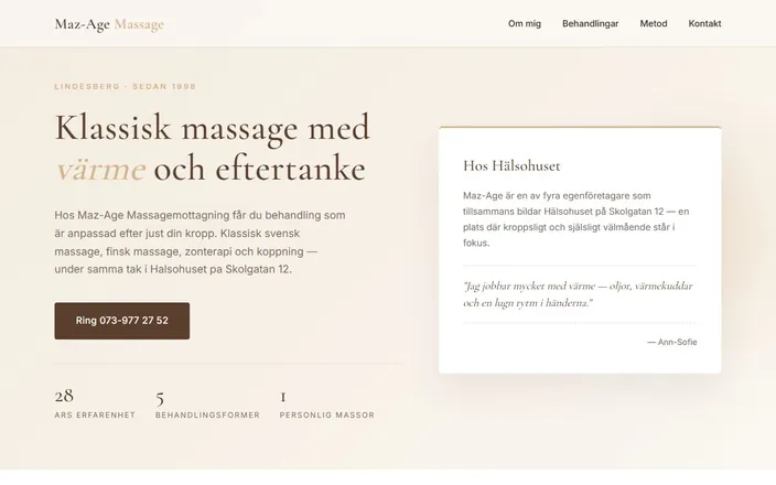Skärmdump av Maz-Age Massagemottagnings hemsida