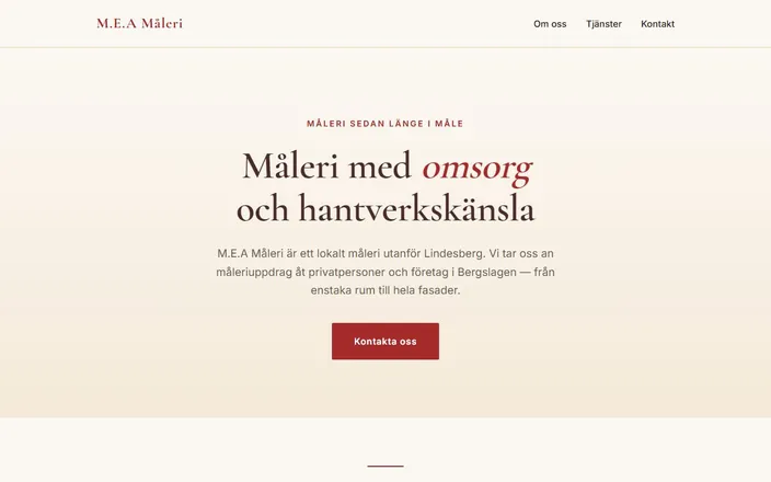 Skärmdump av M.E.A Måleris hemsida