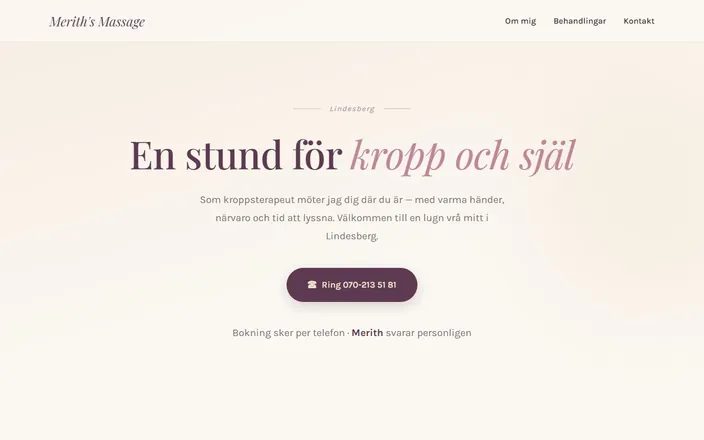 Skärmdump av Merith's Massages hemsida