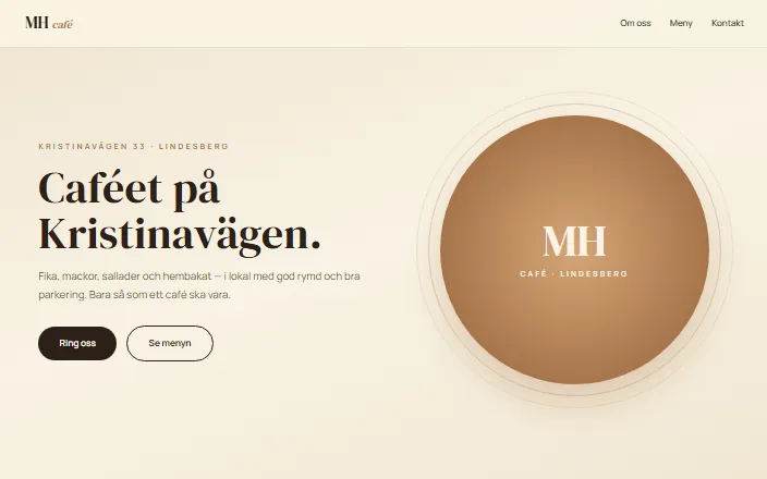 Skärmdump av MH Café Lindesbergs hemsida
