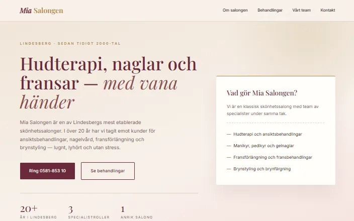 Skärmdump av Mia Salongens hemsida