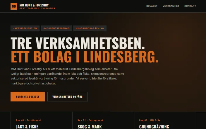Skärmdump av MM Hunt and Forestry ABs hemsida