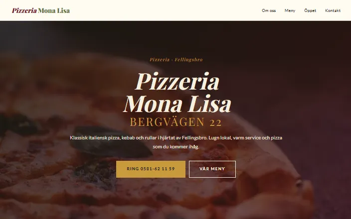 Skärmdump av Pizzeria Mona Lisas hemsida