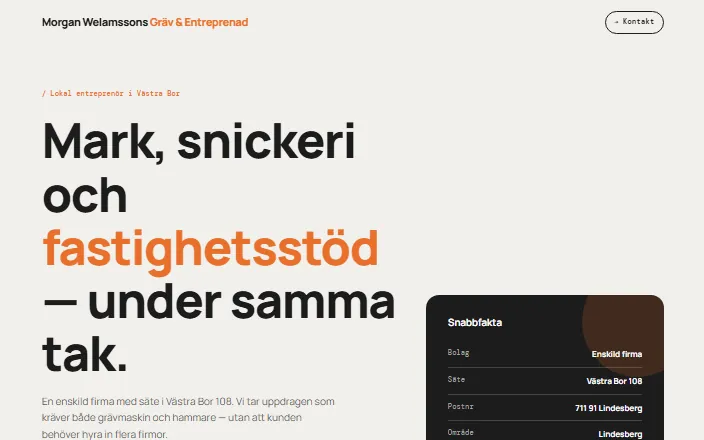 Skärmdump av Morgan Welamssons Gräv & Entreprenads hemsida