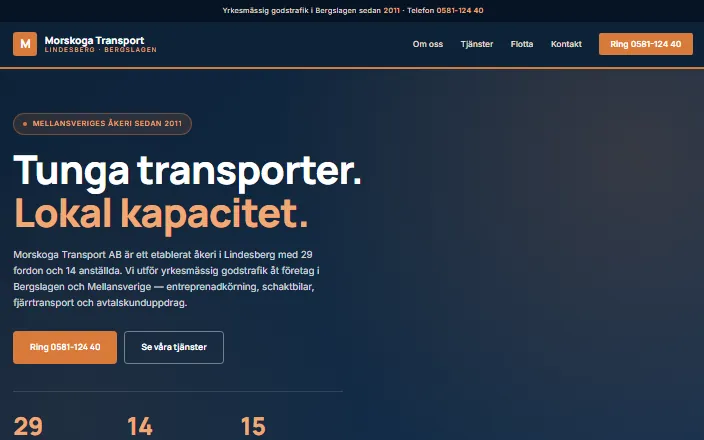 Skärmdump av Morskoga Transport ABs hemsida