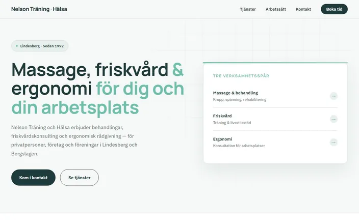 Skärmdump av Nelson Träning och Hälsas hemsida
