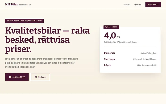 Skärmdump av NM Bilars hemsida