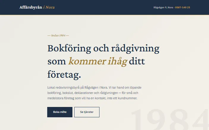 Skärmdump av Affärsbyrån i Noras hemsida