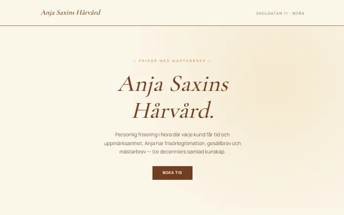 Skärmdump av Anja Saxins Hårvårds hemsida