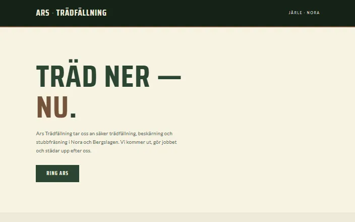 Skärmdump av Ars Trädfällnings hemsida