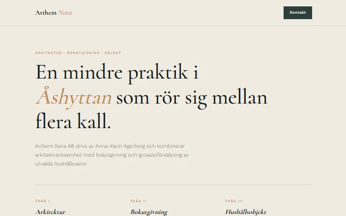 Skärmdump av Arthem Noras hemsida