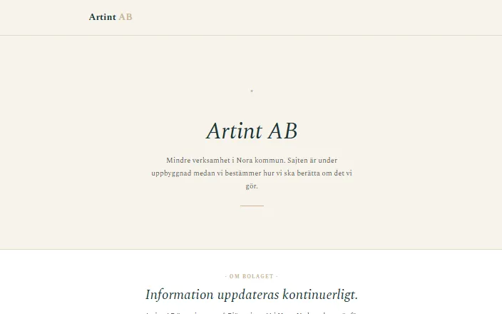 Skärmdump av Artint ABs hemsida