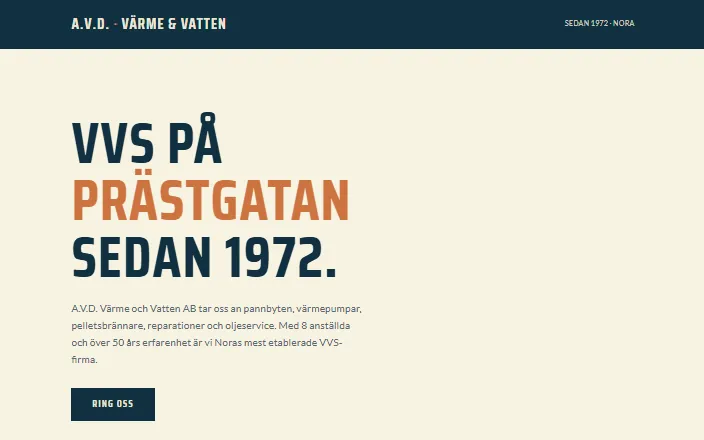 Skärmdump av A.V.D. Värme och Vatten ABs hemsida