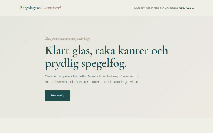 Skärmdump av Bergslagens Glasmästeris hemsida