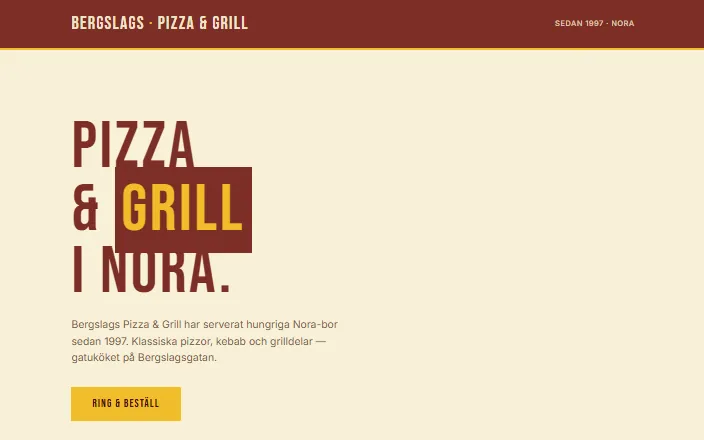 Skärmdump av Bergslags Pizza & Grills hemsida