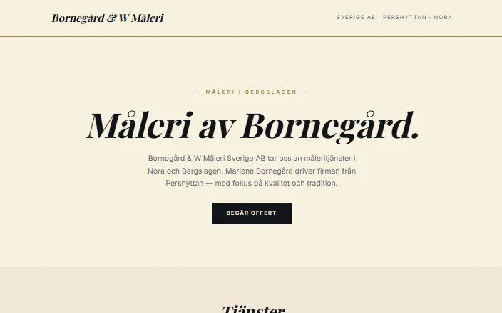 Skärmdump av Bornegård & W Måleri Sverige ABs hemsida