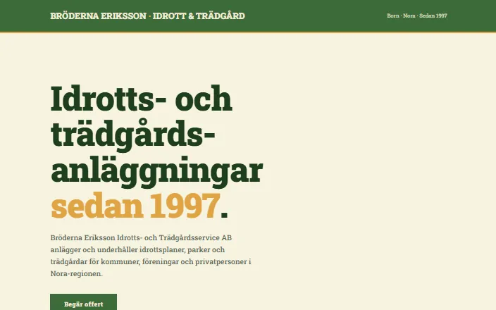 Skärmdump av Bröderna Eriksson Idrotts- och Trädgårdsservices hemsida