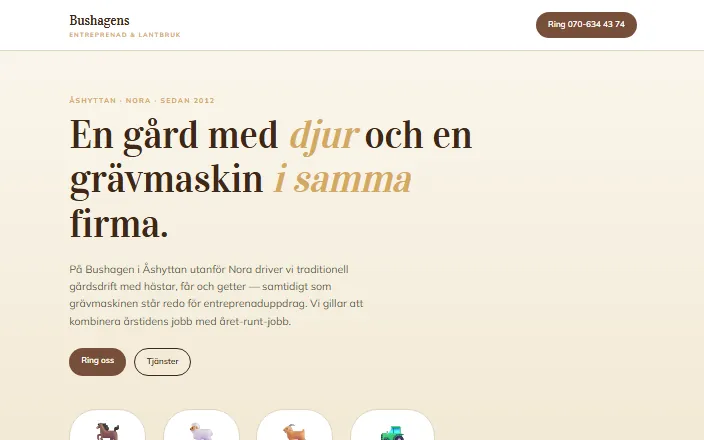 Skärmdump av Bushagens Entreprenad & Lantbruks hemsida
