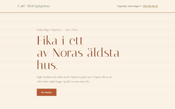 Skärmdump av Café Slottspigornas hemsida