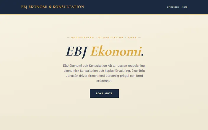 Skärmdump av EBJ Ekonomi och Konsultation ABs hemsida