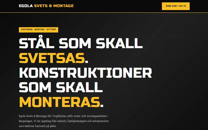 Skärmdump av Egola Svets & Montage ABs hemsida