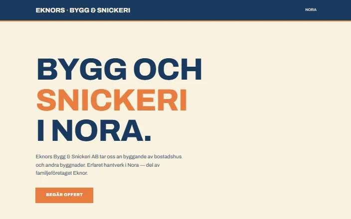 Skärmdump av Eknors Bygg & Snickeri ABs hemsida