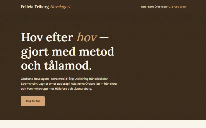 Skärmdump av Felicia Friberg Hovslageris hemsida