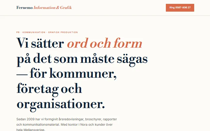 Skärmdump av Fernemo Information & Grafik ABs hemsida