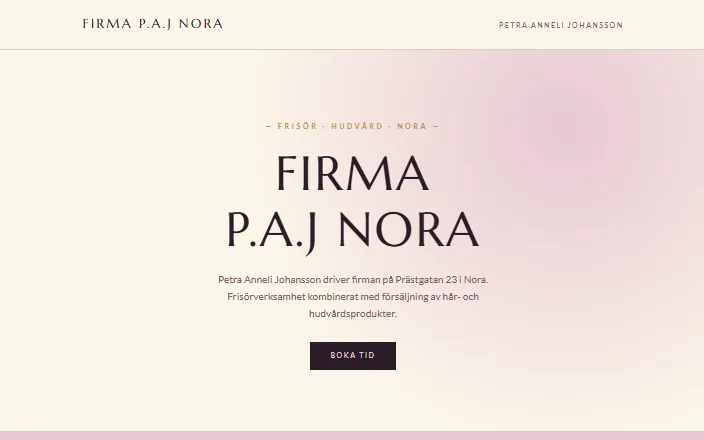 Skärmdump av Firma P.A.J Noras hemsida