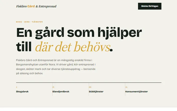 Skärmdump av Fiskbro Gård och Entreprenads hemsida